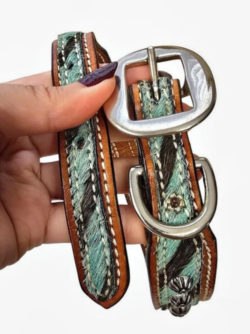 Geniune Cowhide Western Style Dog Collar Brown & Turquoise